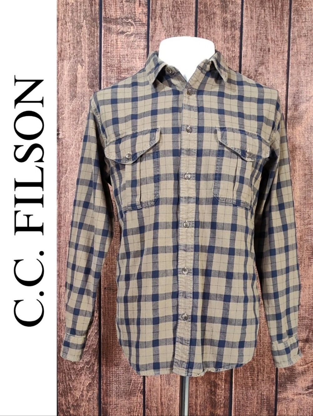 Filson Tan and Navy Flannel Plaid Alaskan Guide Shirt